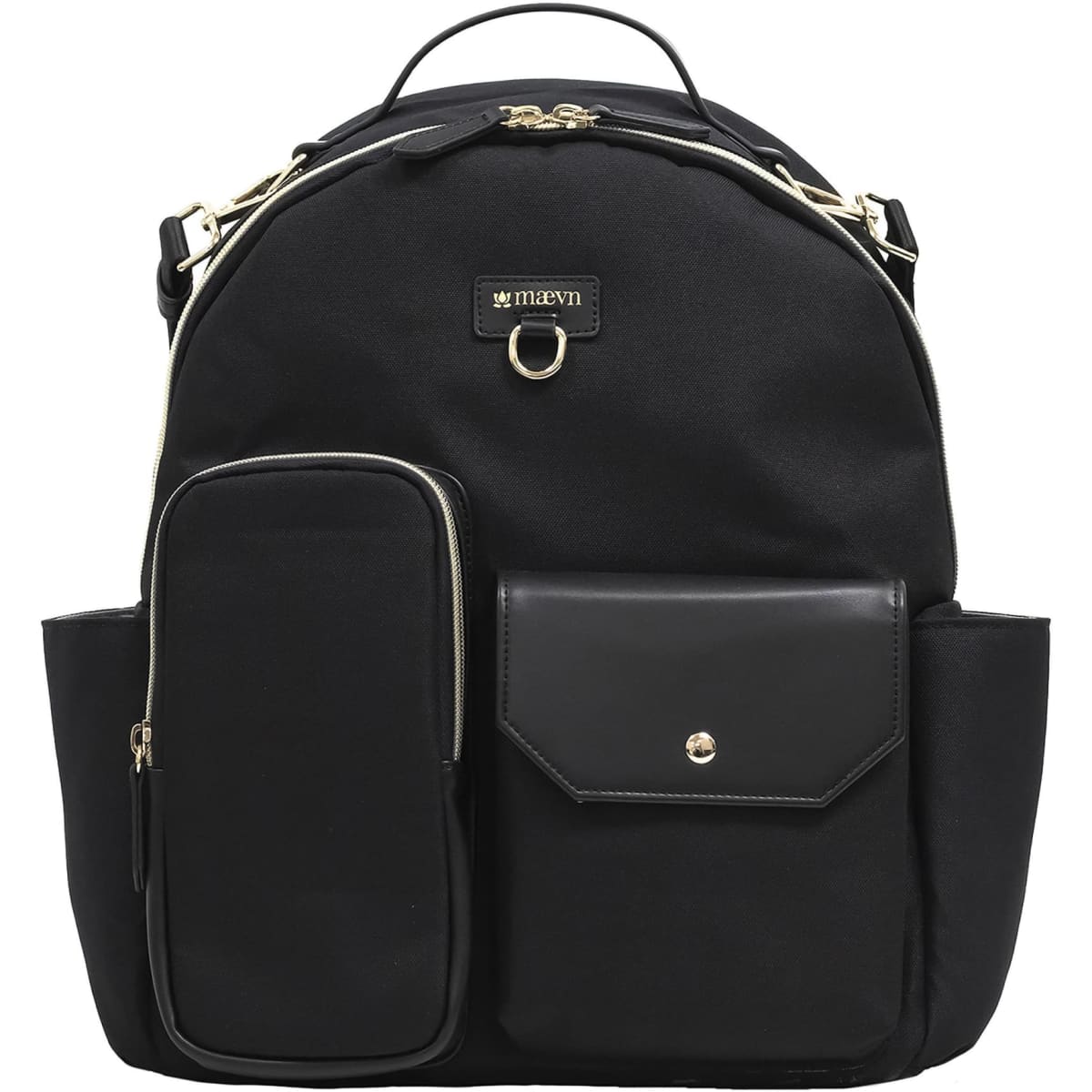 A black utility backpack with multiple pockets and compartments, featuring a logo on the front.