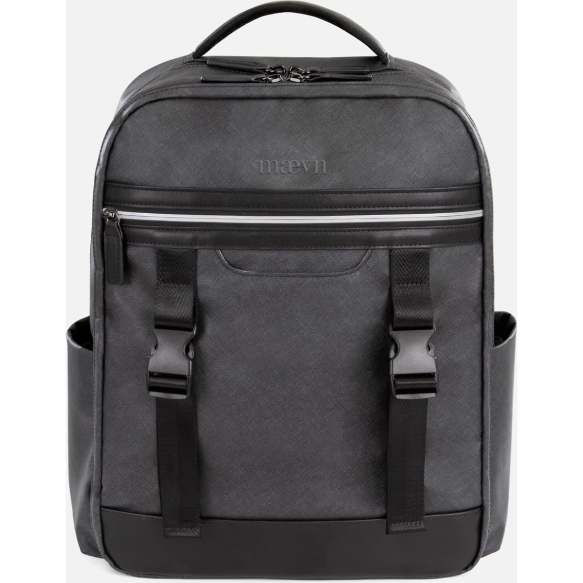 A grey utility backpack with multiple pockets, a sleek design, and a logo on the front.