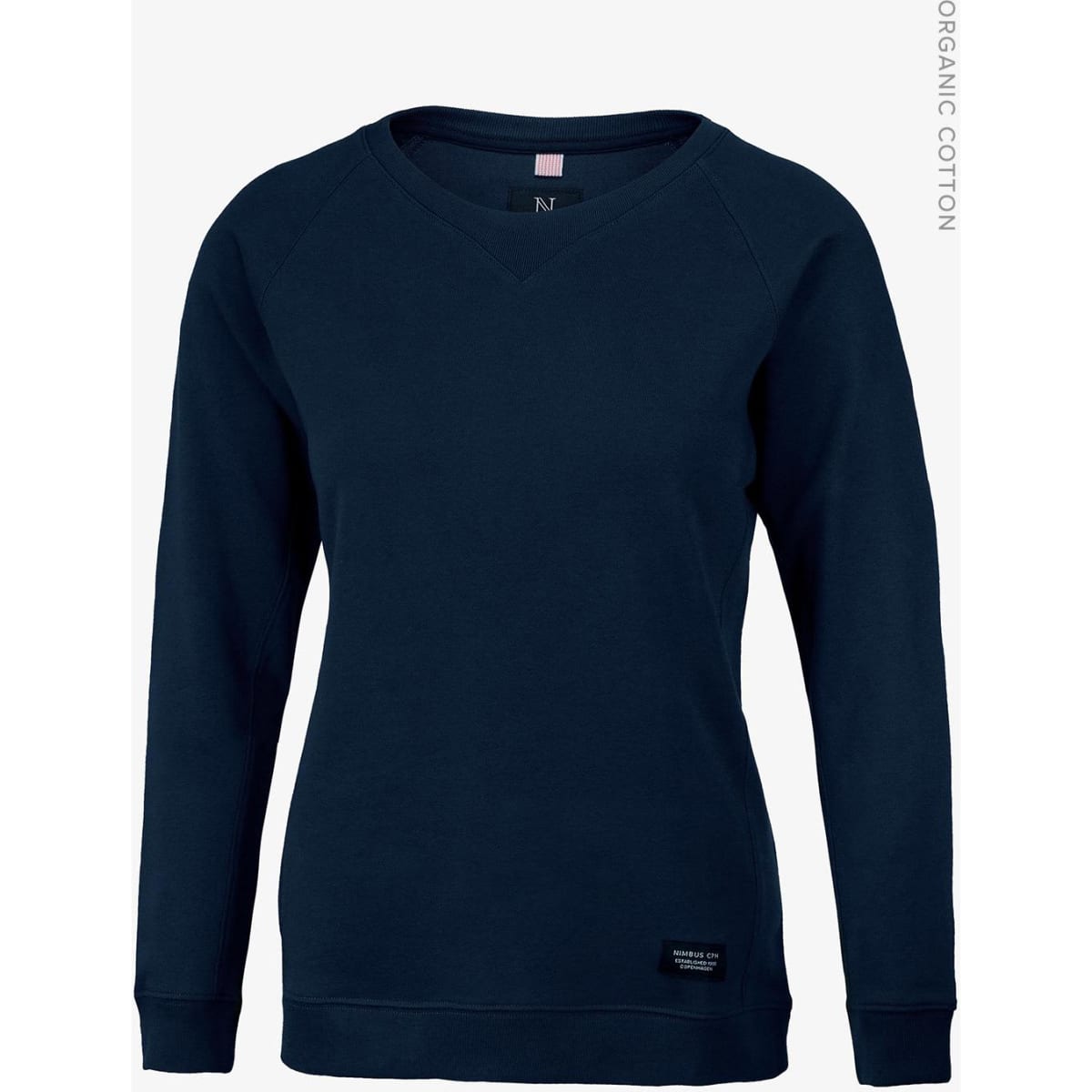A navy sweatshirt with a V-neck design and long sleeves, featuring a logo on the front.