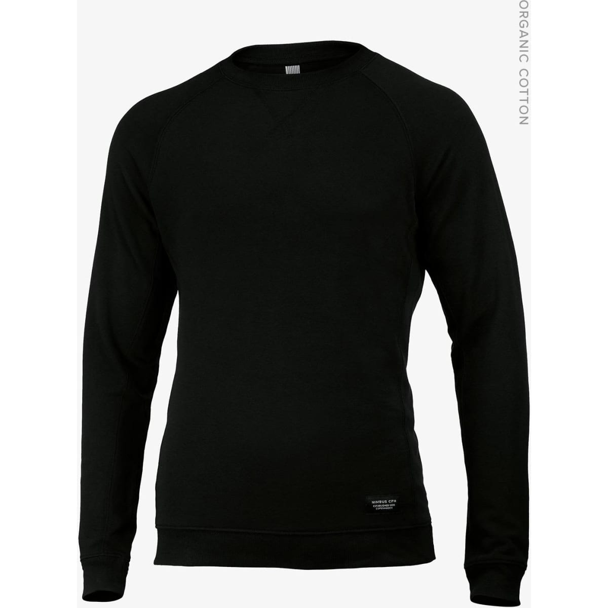 A black men's sweatshirt featuring long sleeves and a simple design, with a logo on the lower hem.