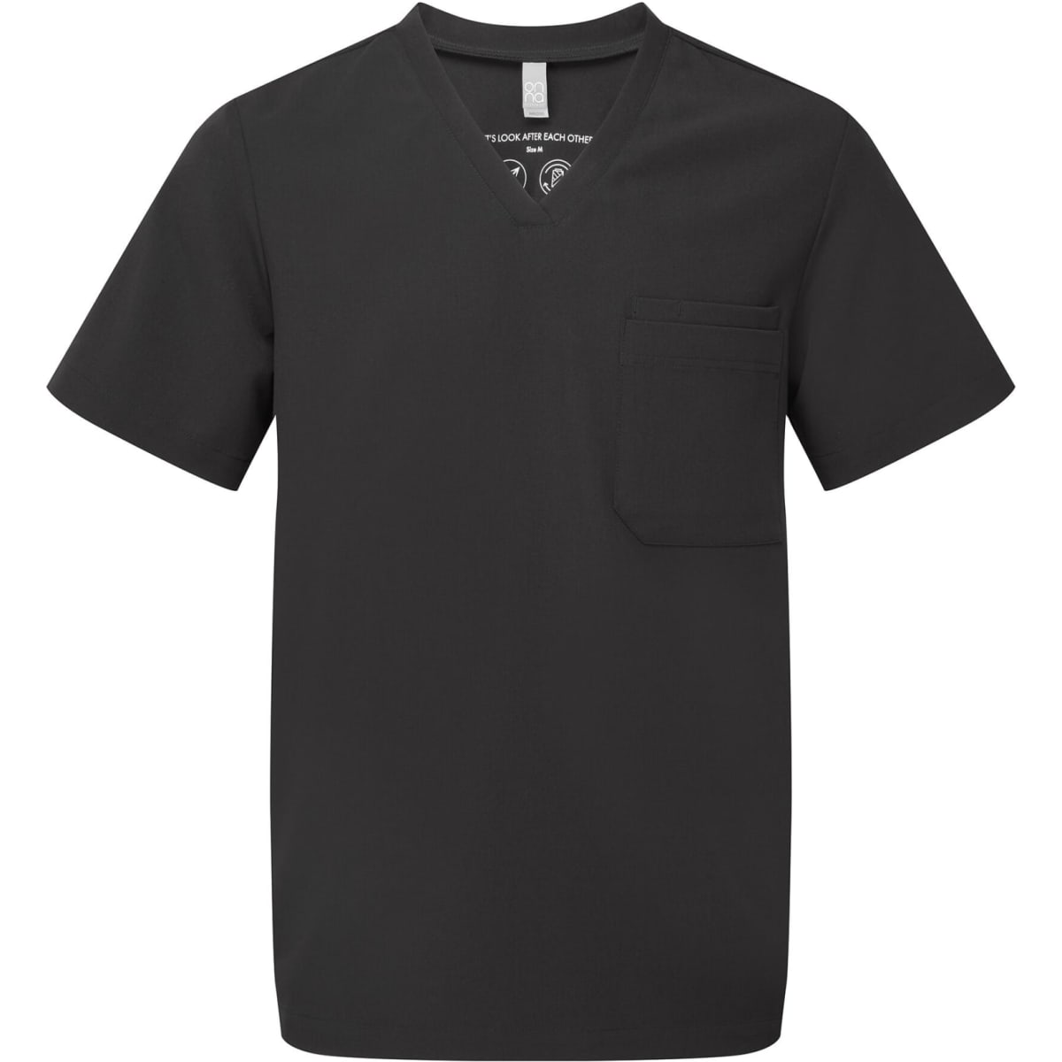 A black tunic with a V-neck design and a pocket on the front. It features a logo on the label.