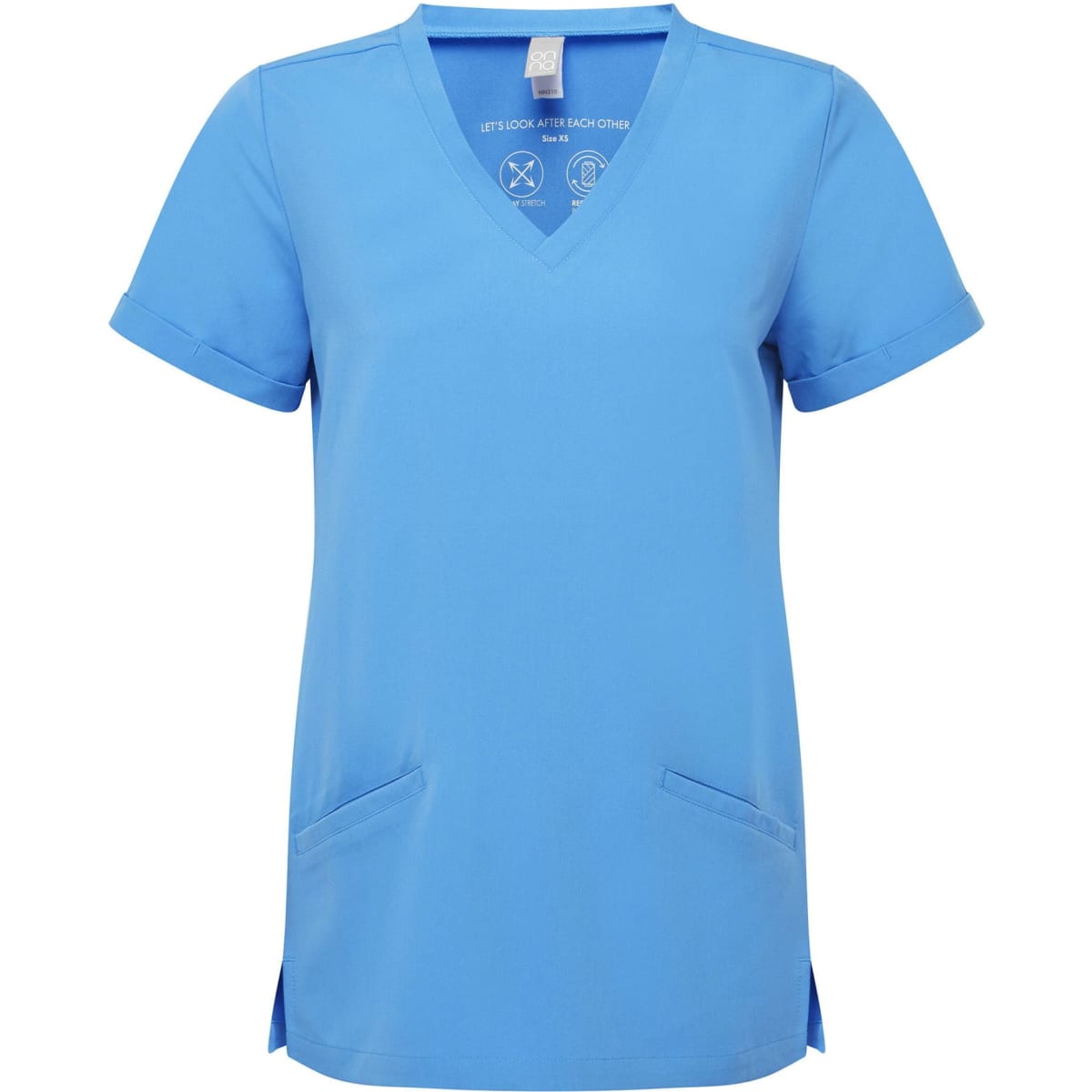 A blue women's tunic with a V-neck and short sleeves, featuring two front pockets and a logo.