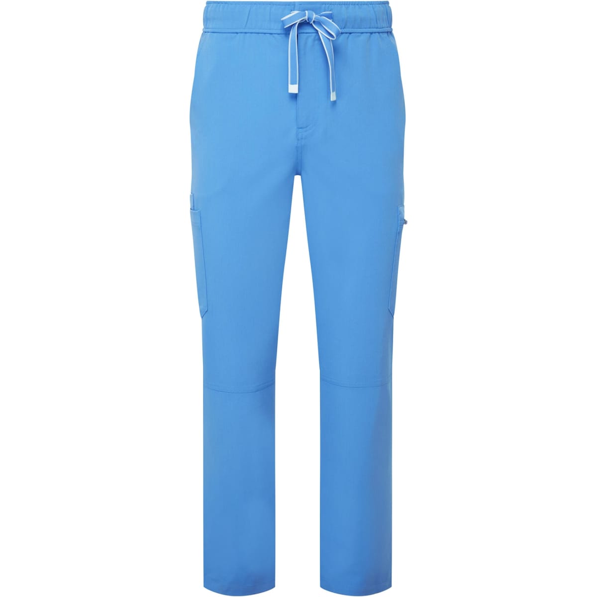 Blue cargo pants with a drawstring waist and side pockets, featuring a subtle branding logo.