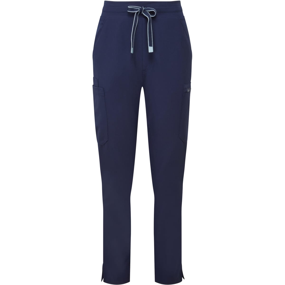 Navy women's cargo pants featuring a drawstring waist and side pockets. The design includes a logo.
