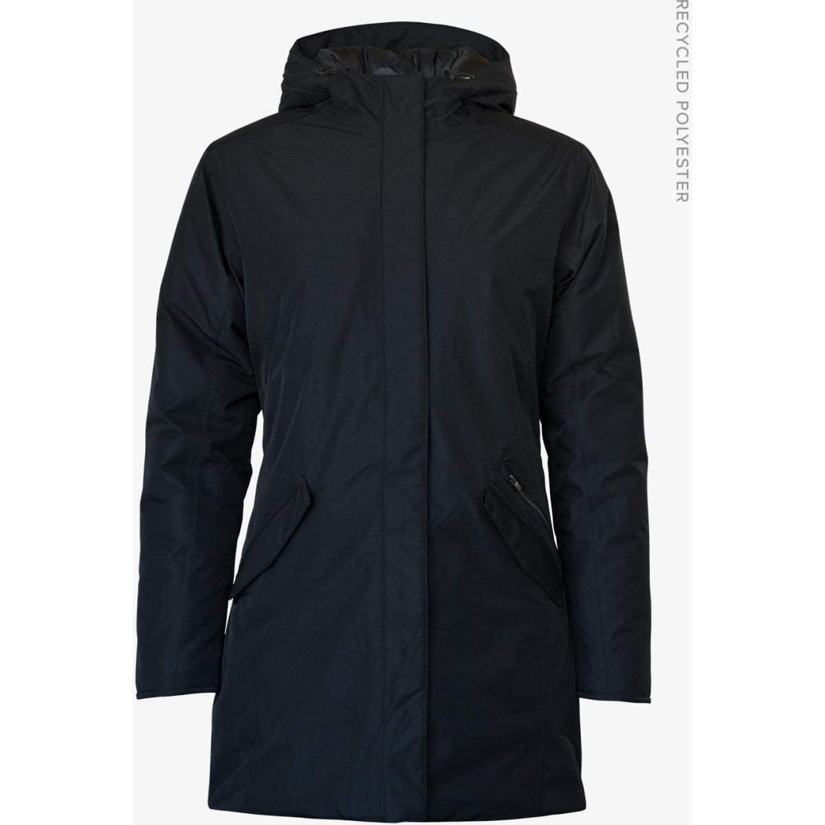 A women's jacket in black, featuring a hood and side pockets, made from recycled polyester.