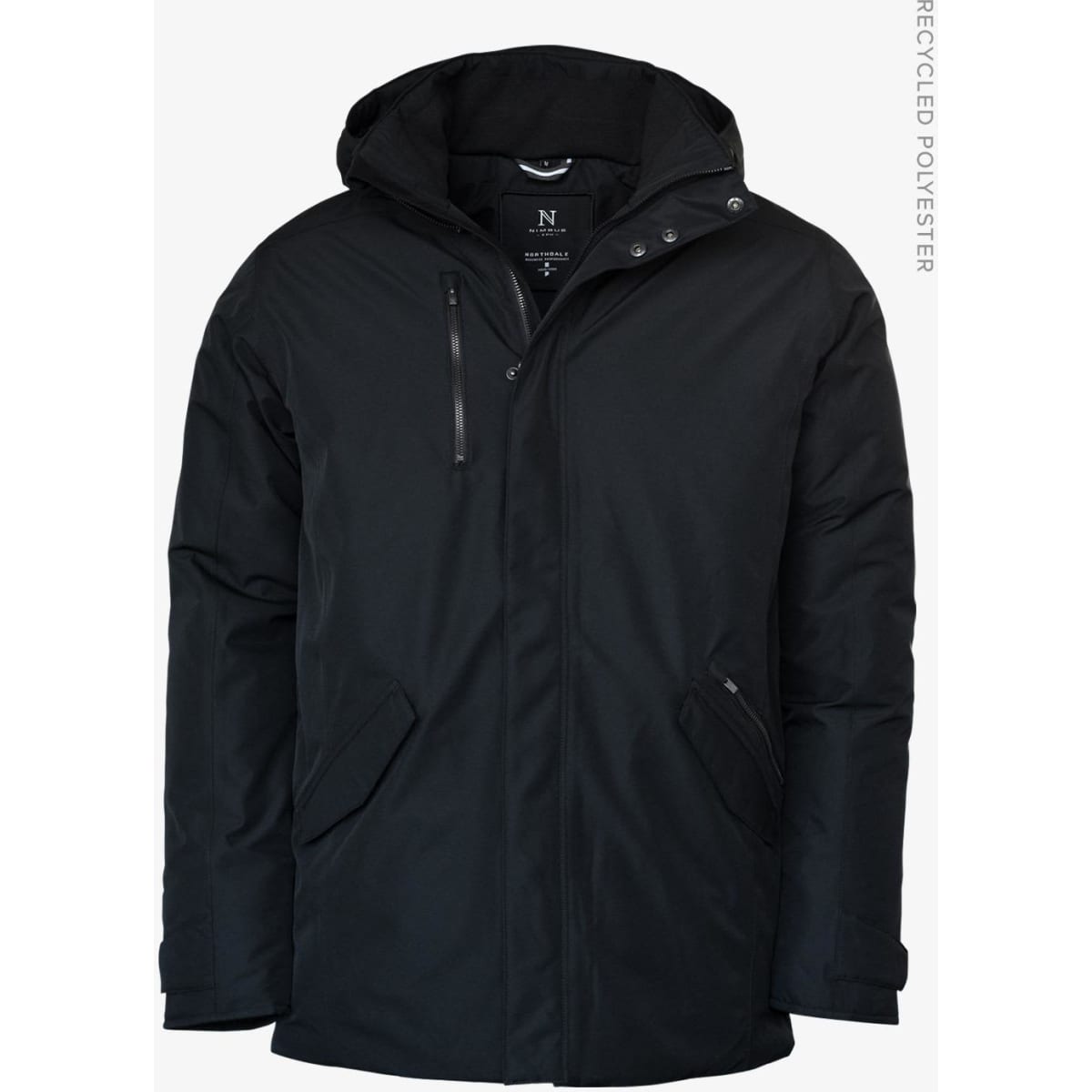 A black Northdale men's jacket featuring a hood and multiple pockets, made from recycled polyester, with a logo.