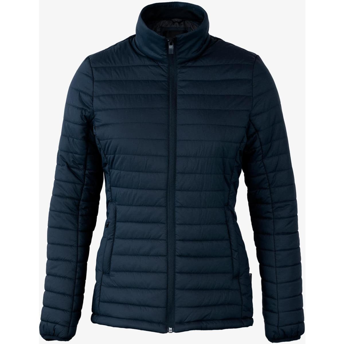 A navy puffer jacket for women with a high collar and zip-up front, featuring a subtle logo.
