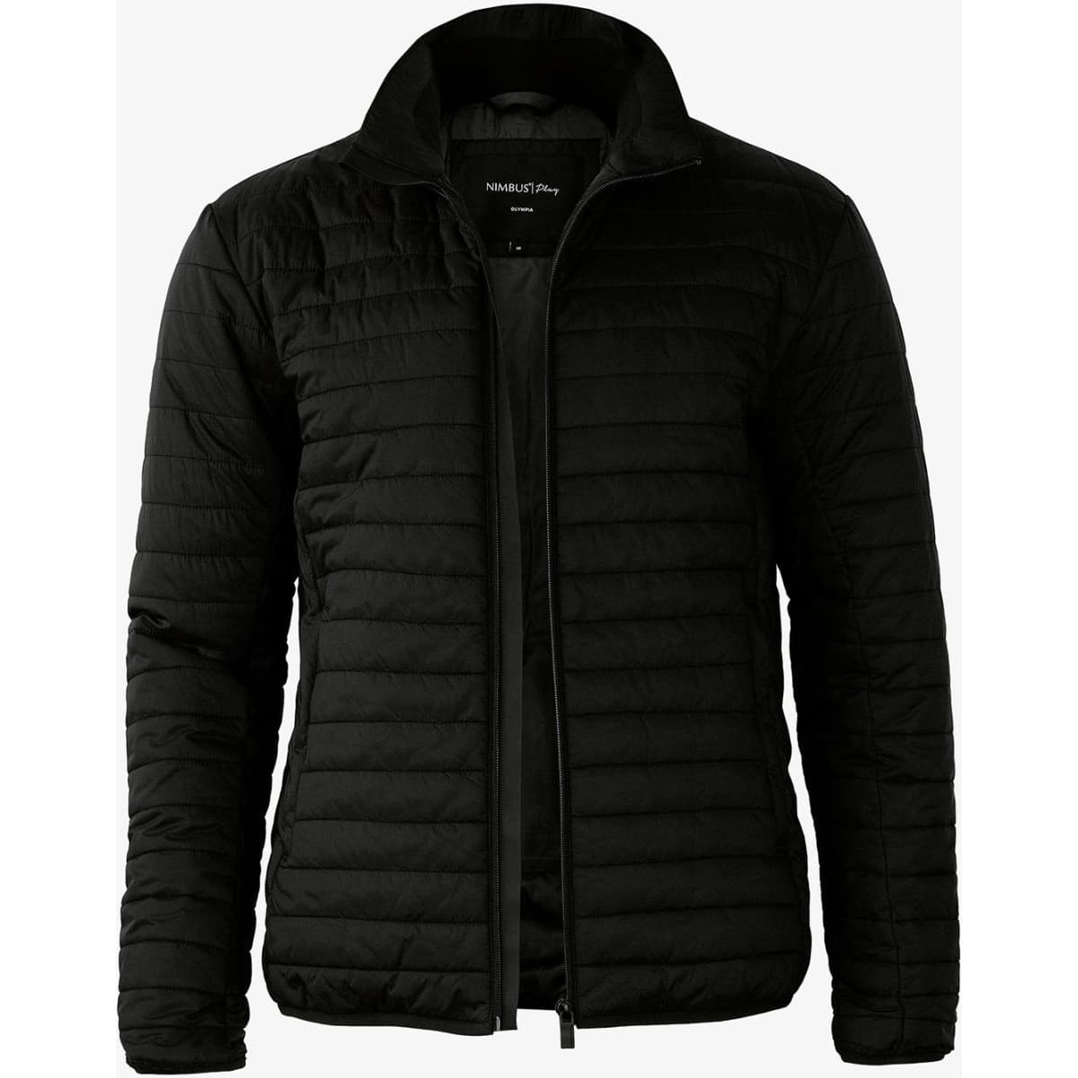 A black puffer jacket with a zip front, featuring a collar and quilted design. It has a logo on the interior.