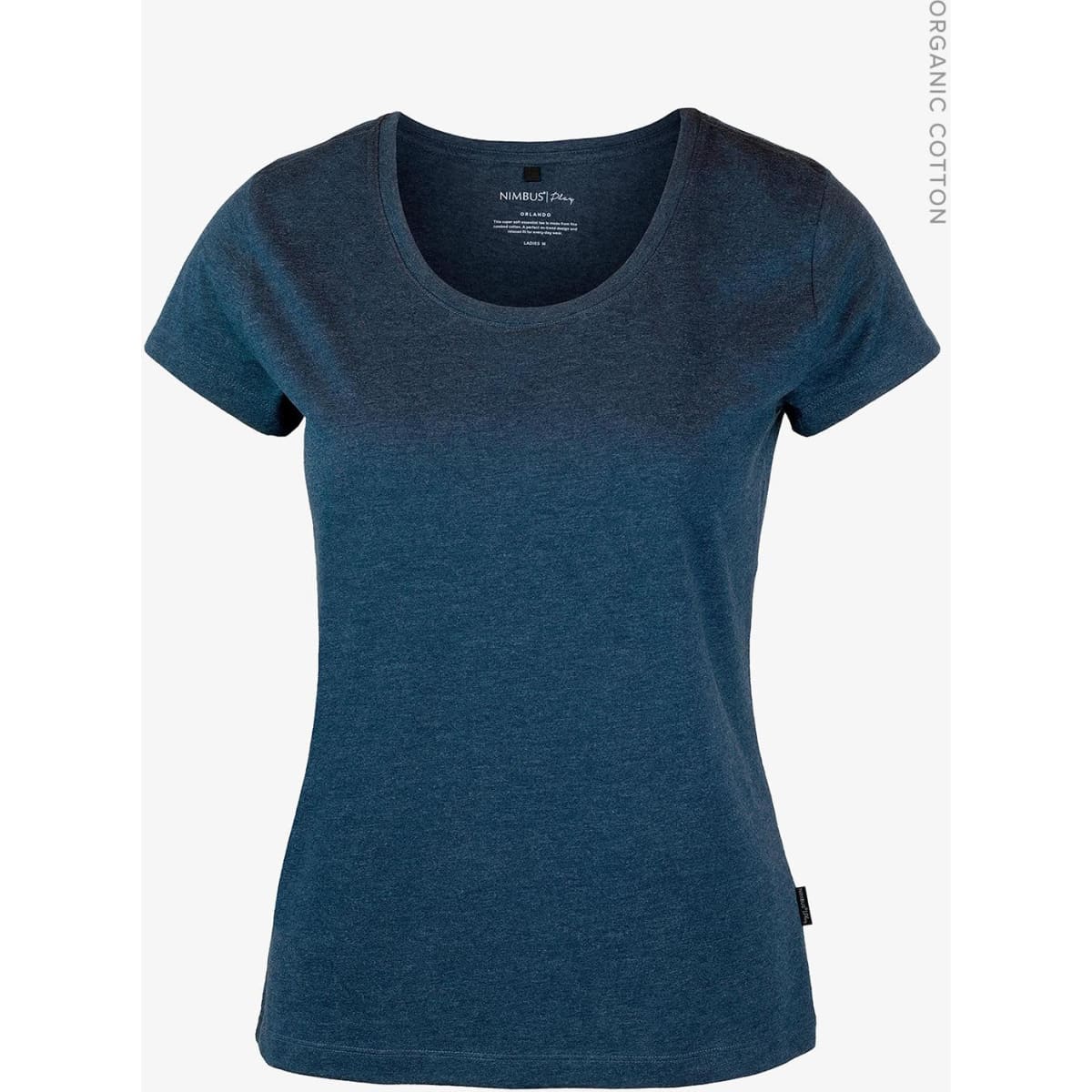 A navy blue women's t-shirt with a rounded neck and short sleeves, made from organic cotton, featuring a logo.