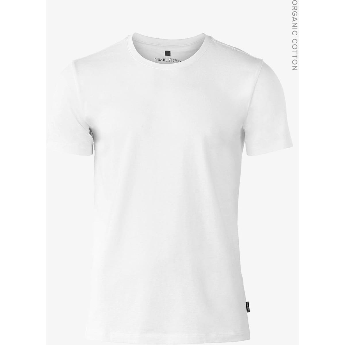 A white men's t-shirt made from organic cotton, featuring a simple design and a logo.