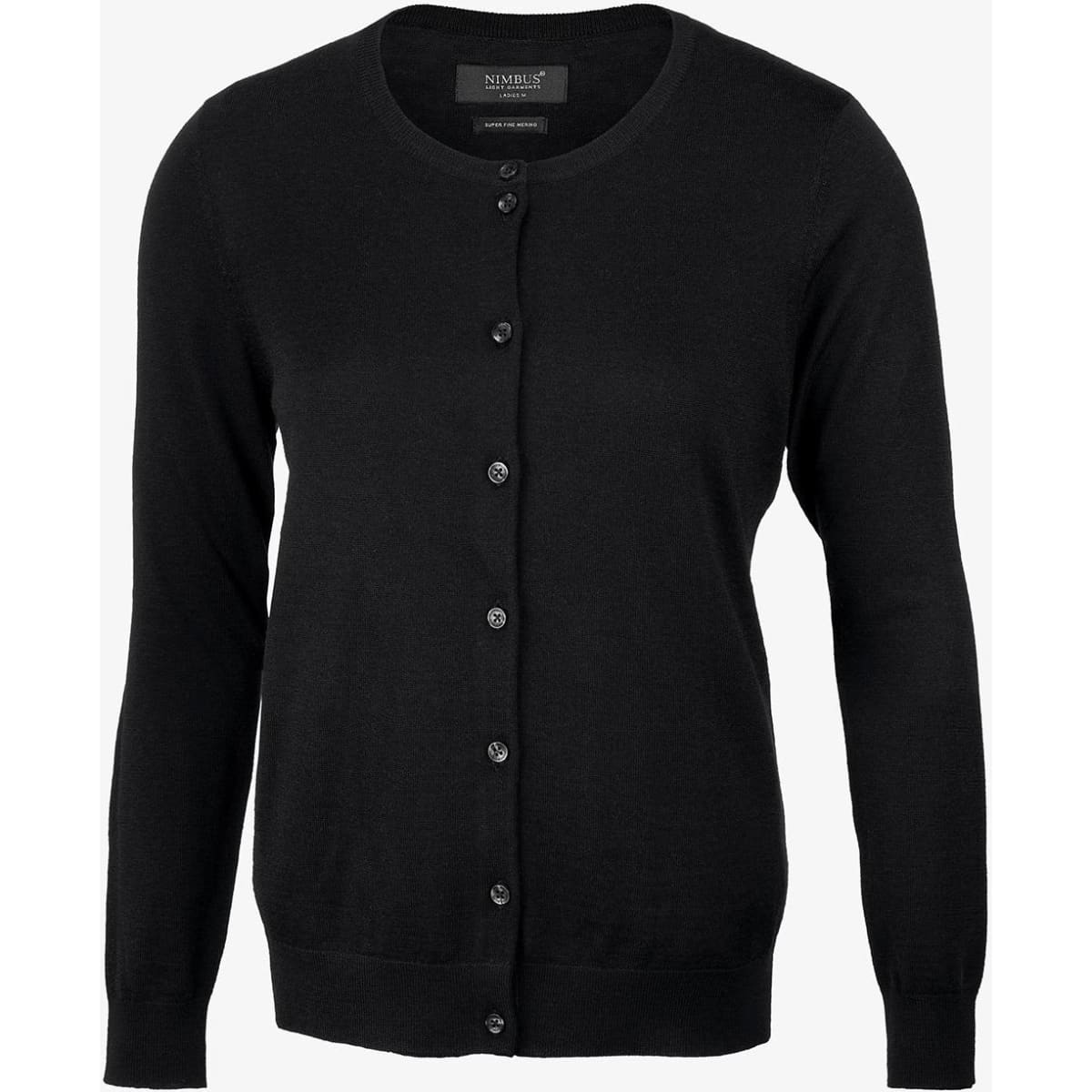 A black cardigan featuring a button-up front and long sleeves. The product includes a logo.