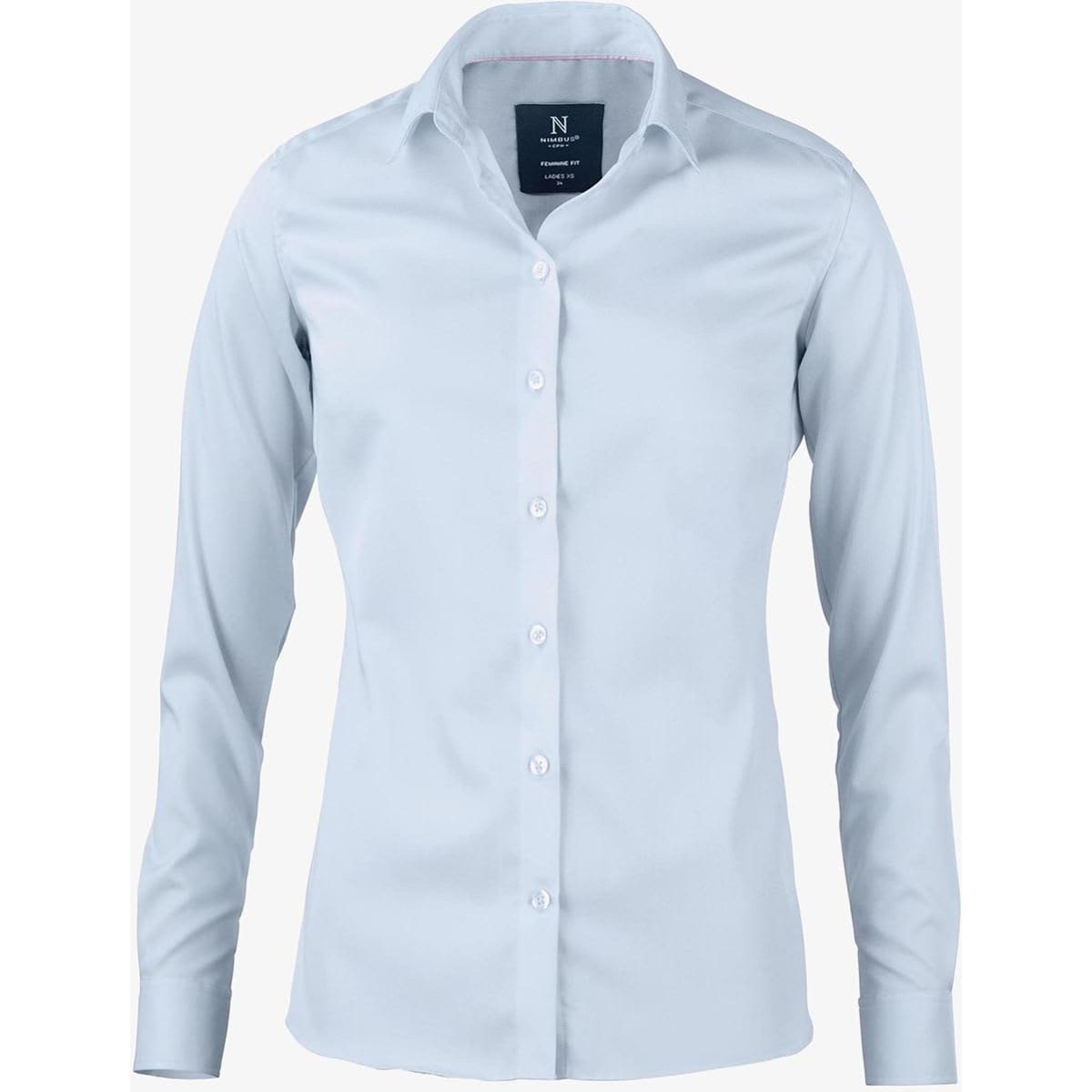 A light blue button-up shirt with a collar and long sleeves, featuring a logo on the label.