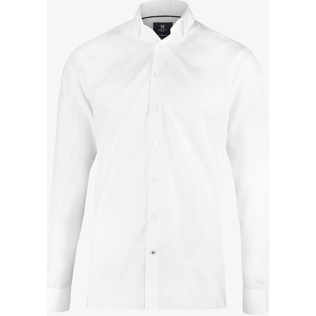 A white button-up shirt with a modern fit, featuring a collar and a logo on the tag.