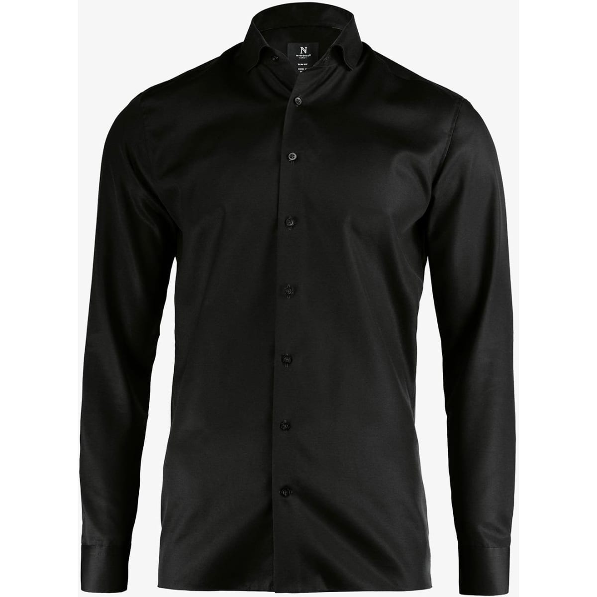 A black slim fit button-up shirt with long sleeves and a standard collar. It features a subtle logo on the label.