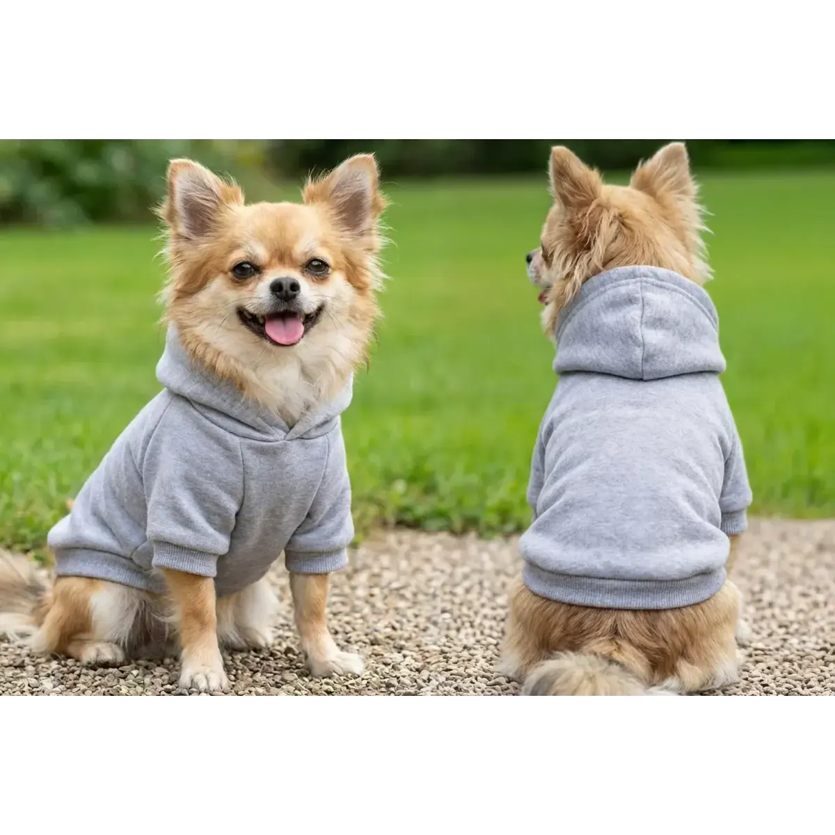 A grey dog hoodie on two small dogs, one facing the camera and the other turned away, in a grassy outdoor setting.