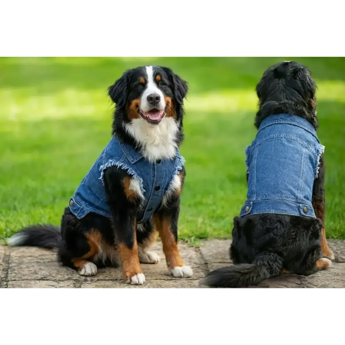 A denim jacket for dogs in blue, featuring a frayed hem and buttons, with a dog posed from two angles.