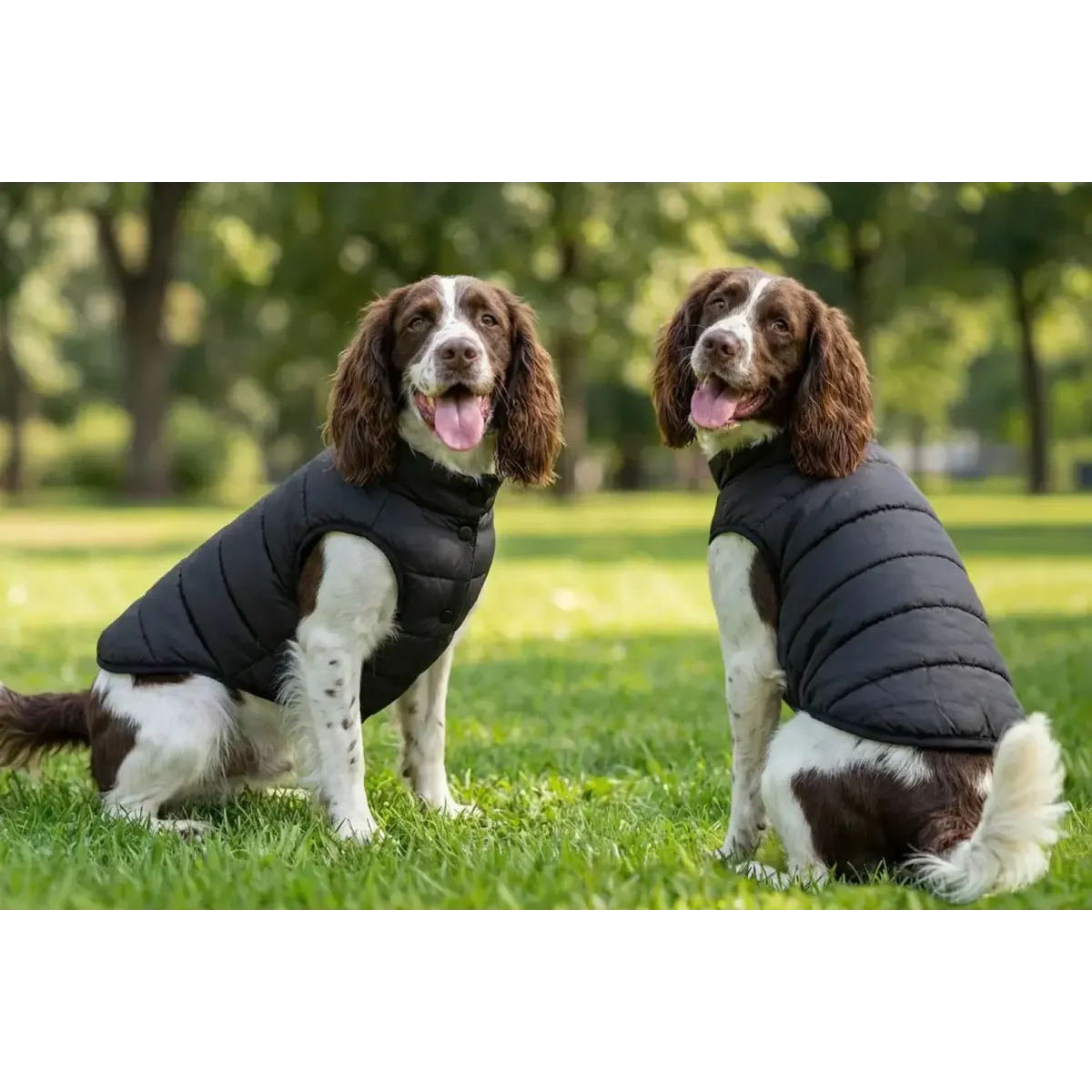 Two dogs wear black puffer jackets while sitting on green grass in a park.