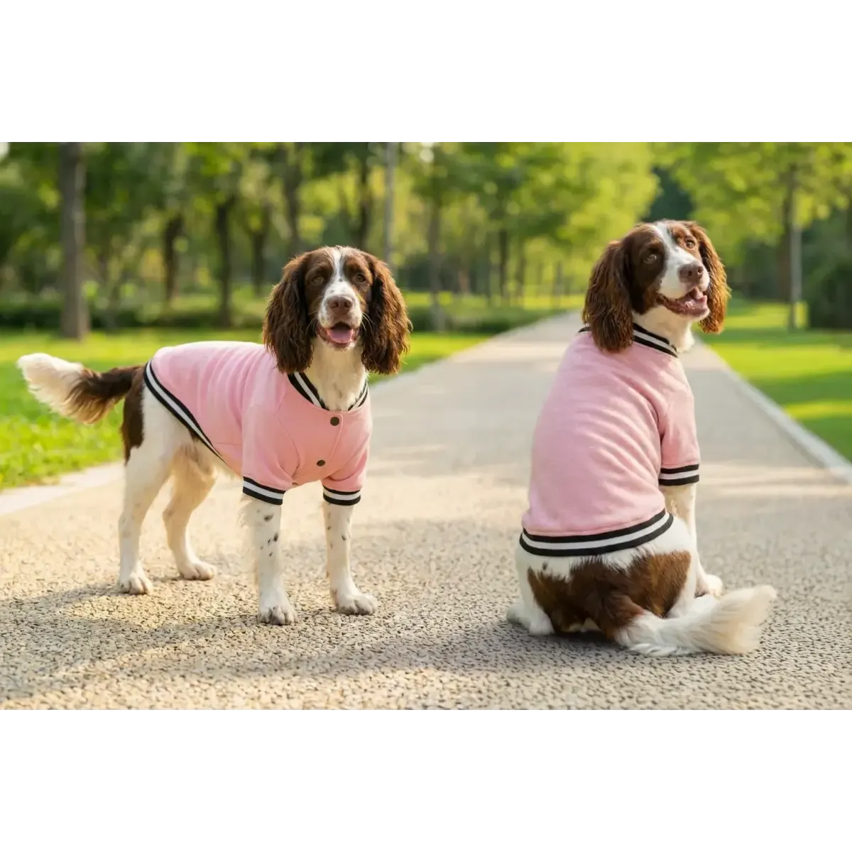 A pink varsity jacket for dogs with black and white stripes, displayed on two spaniels in a park setting.