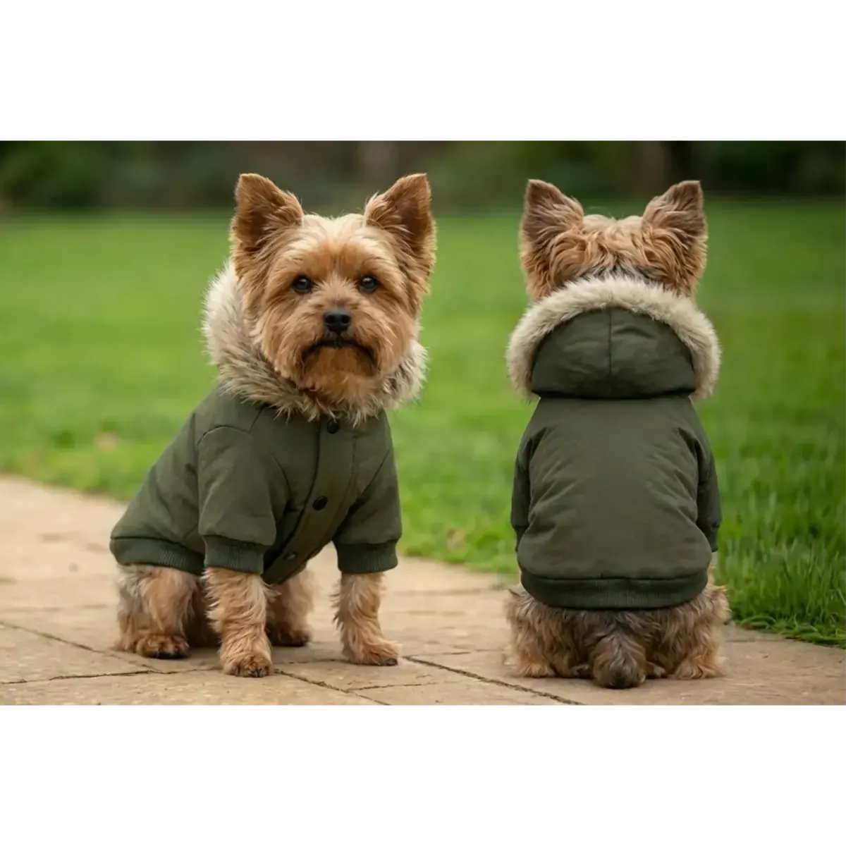 A dog’s parka jacket in olive green, featuring a faux fur trimmed hood, worn by two small dogs in a grassy area.