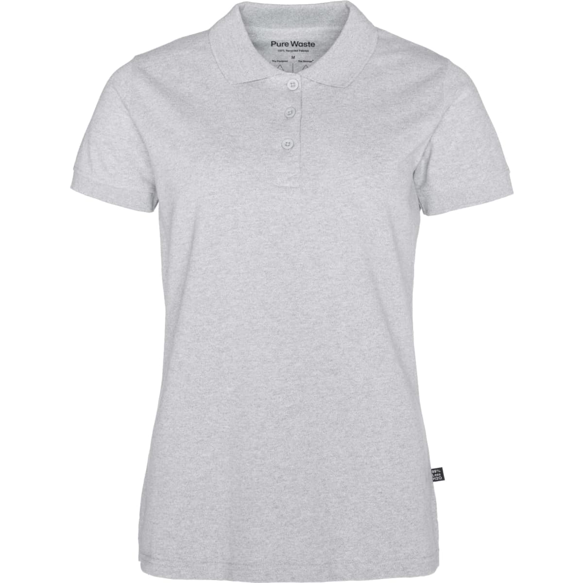 A women's grey pique polo shirt featuring a collar and buttons, with a logo on the side.