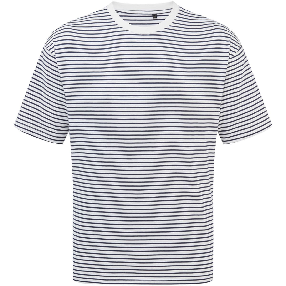 A striped oversized T-shirt in white and navy blue with a round neckline and short sleeves.