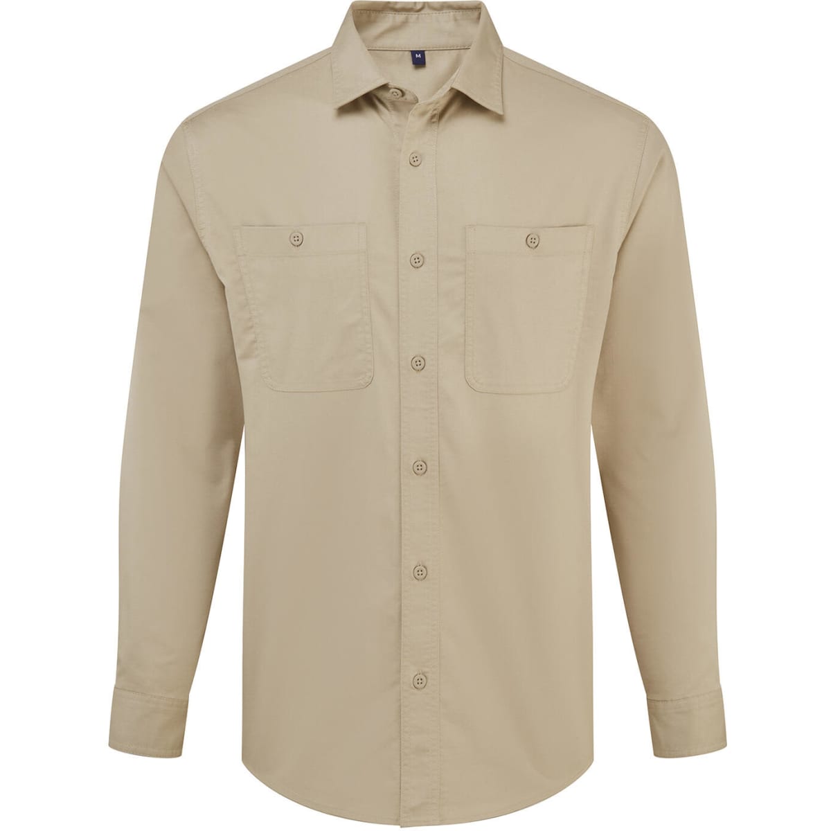 A beige button-up shirt with long sleeves and two chest pockets. It features a logo on the chest.