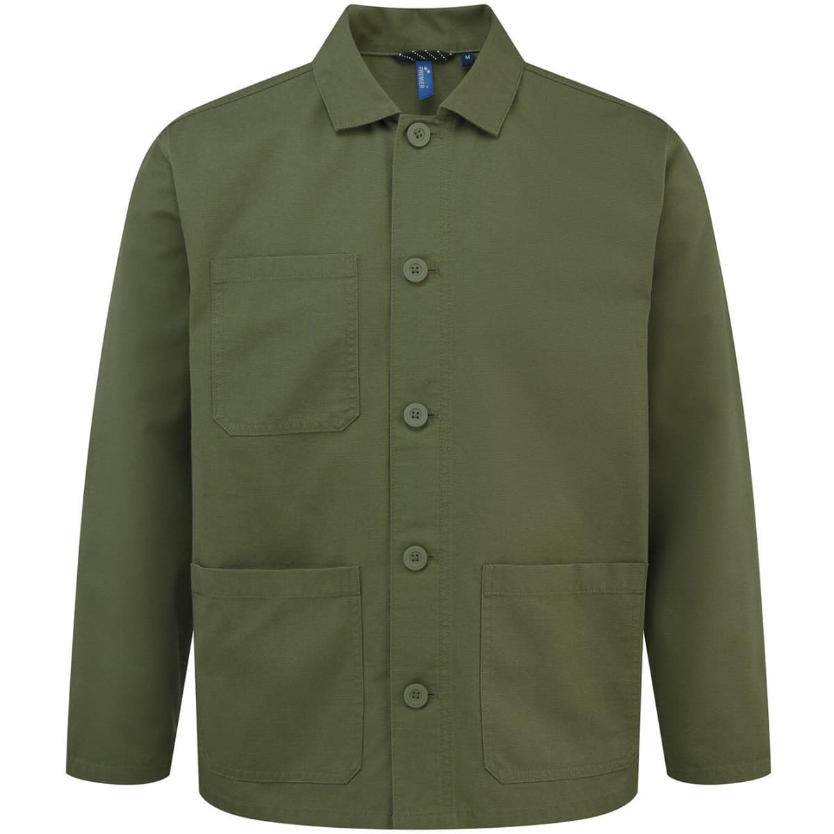 An olive green chore jacket featuring a button-up front and two large front pockets. It has a logo on the label.