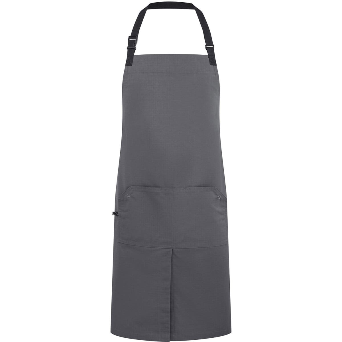A grey utility apron with an adjustable neck strap and a large front pocket. Features branding on the fabric.