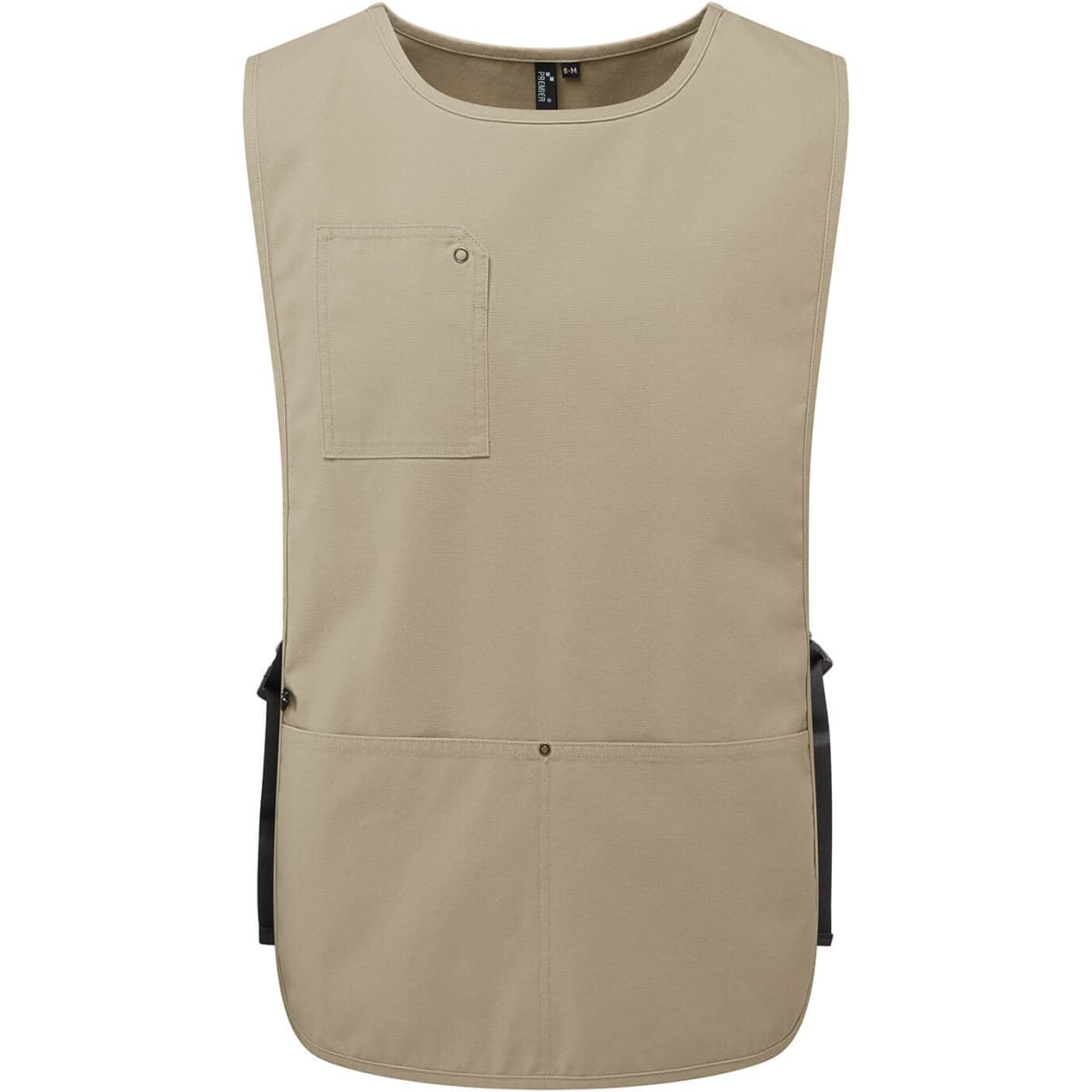A tan utility vest apron featuring a front pocket and two lower pockets, with a black adjustable waistband.