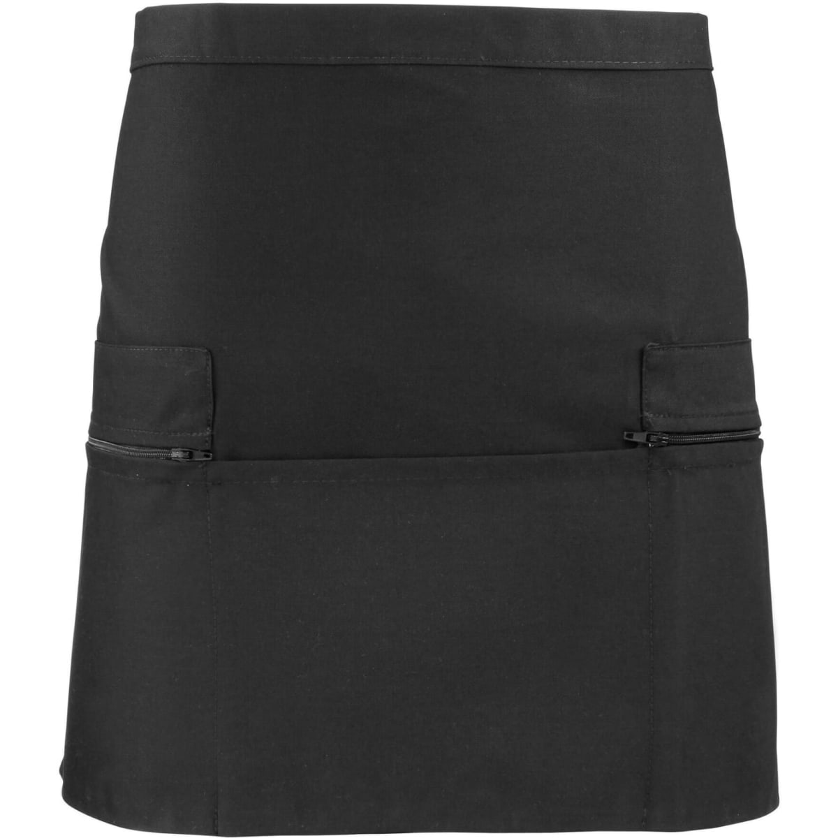 A black waist apron featuring two front pockets and a sleek design, with a branding logo present.