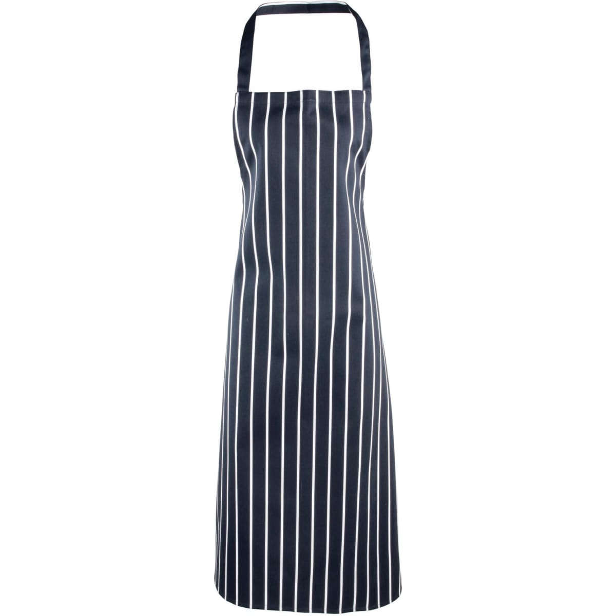 A striped bib apron in navy blue and white, featuring a classic vertical stripe design and a logo.