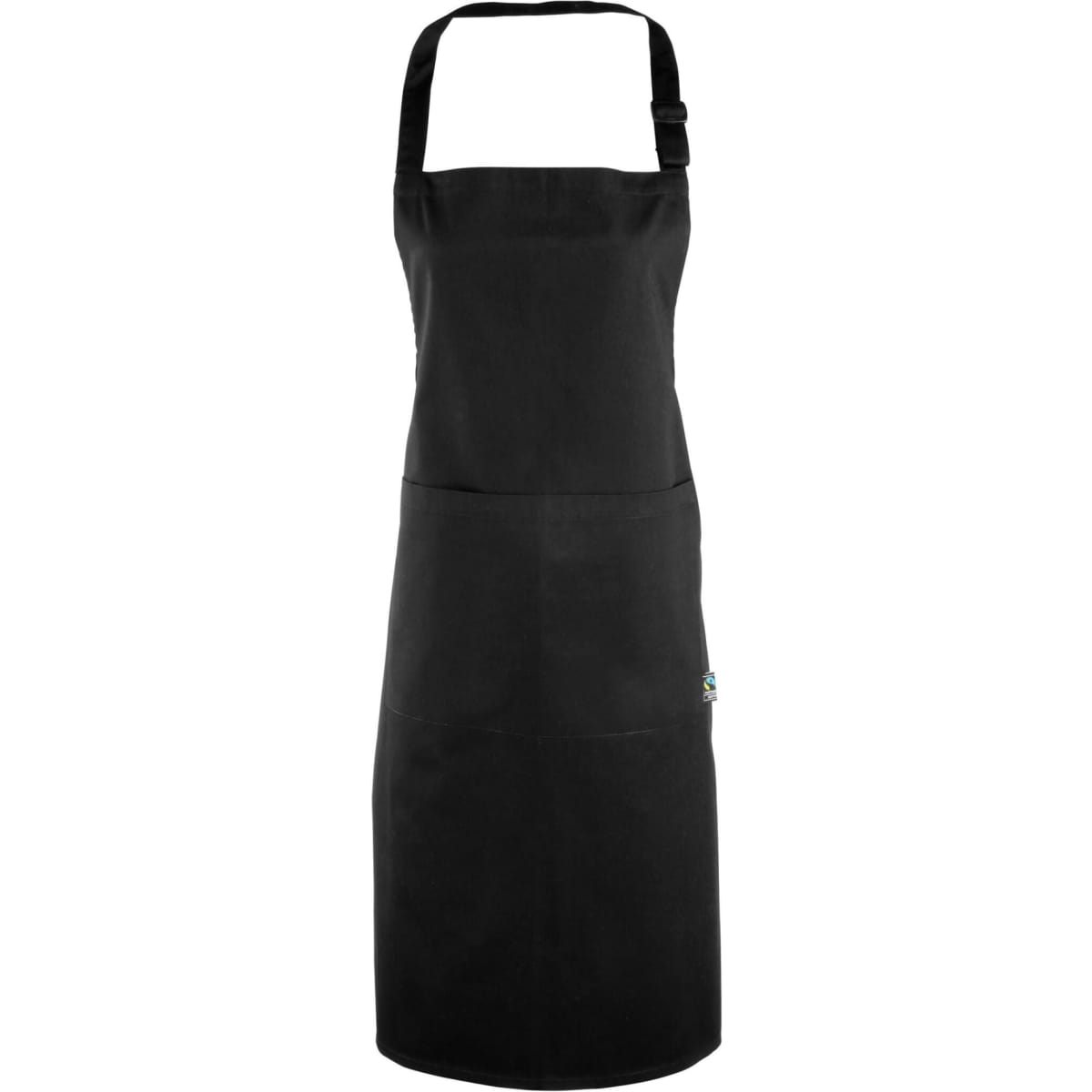 A black bib apron with a front pocket and an adjustable neck strap. It features a logo on the side.