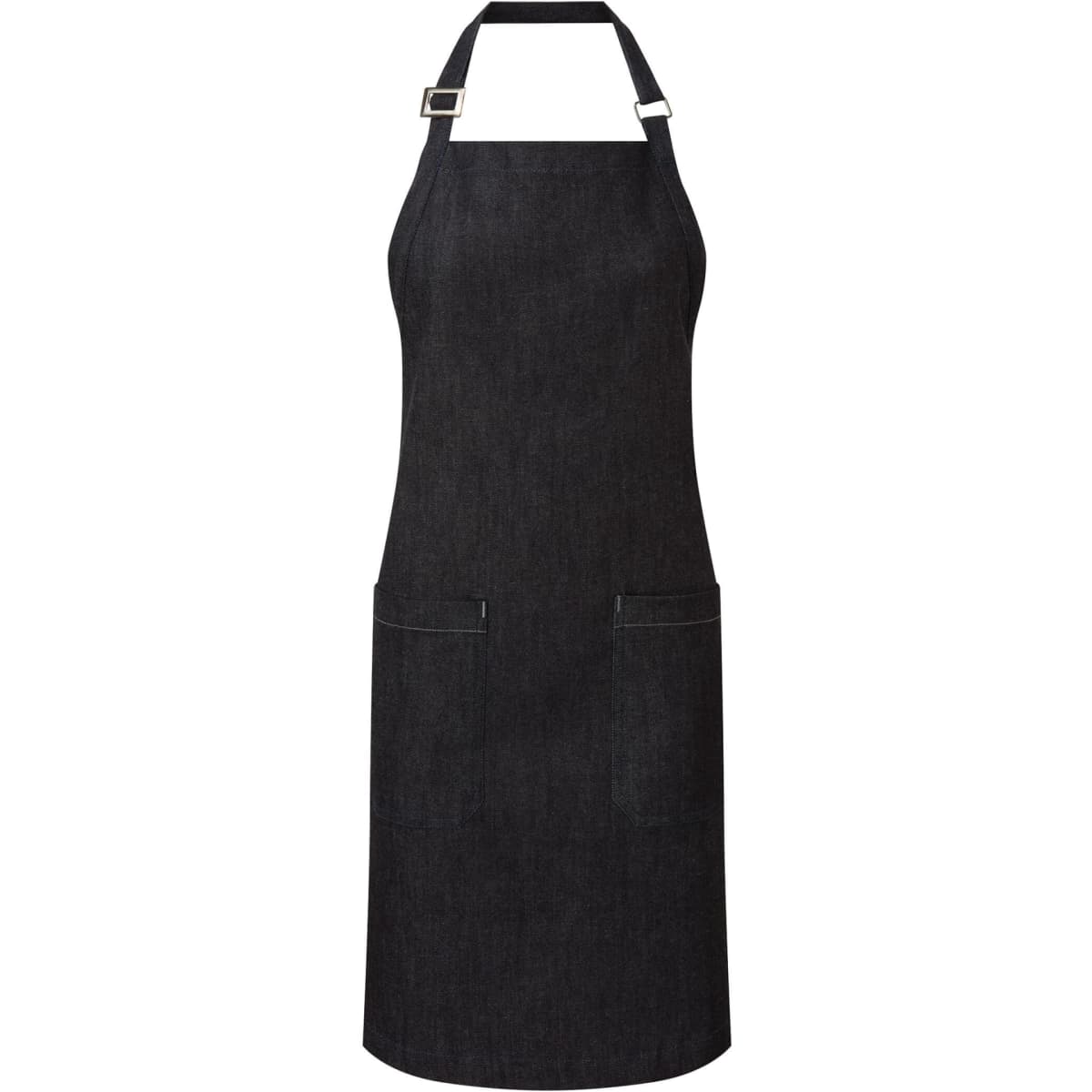 A dark denim bib apron featuring adjustable straps and two front pockets. It has a simple branding logo.