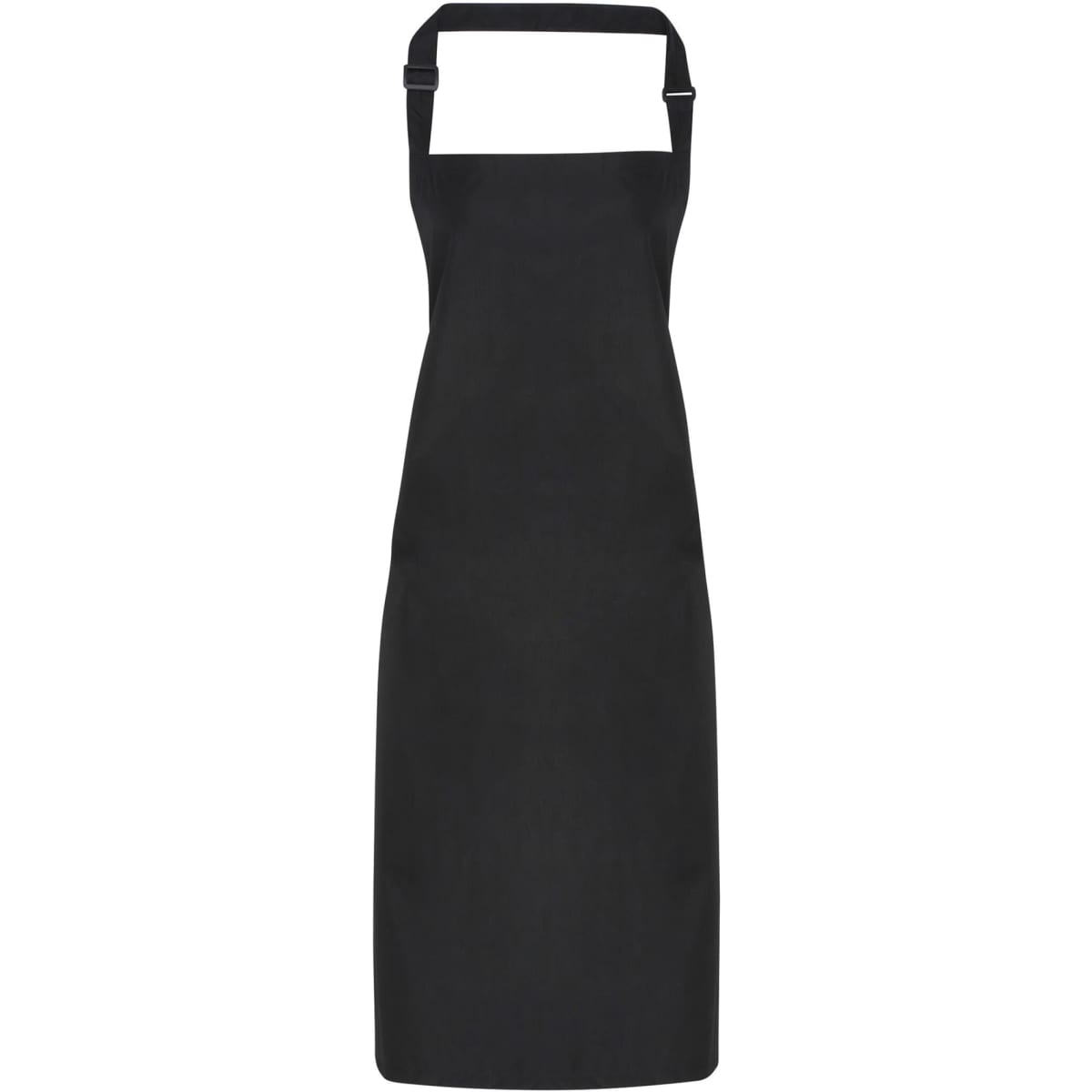 A black waterproof bib apron with an adjustable neck strap and a logo.