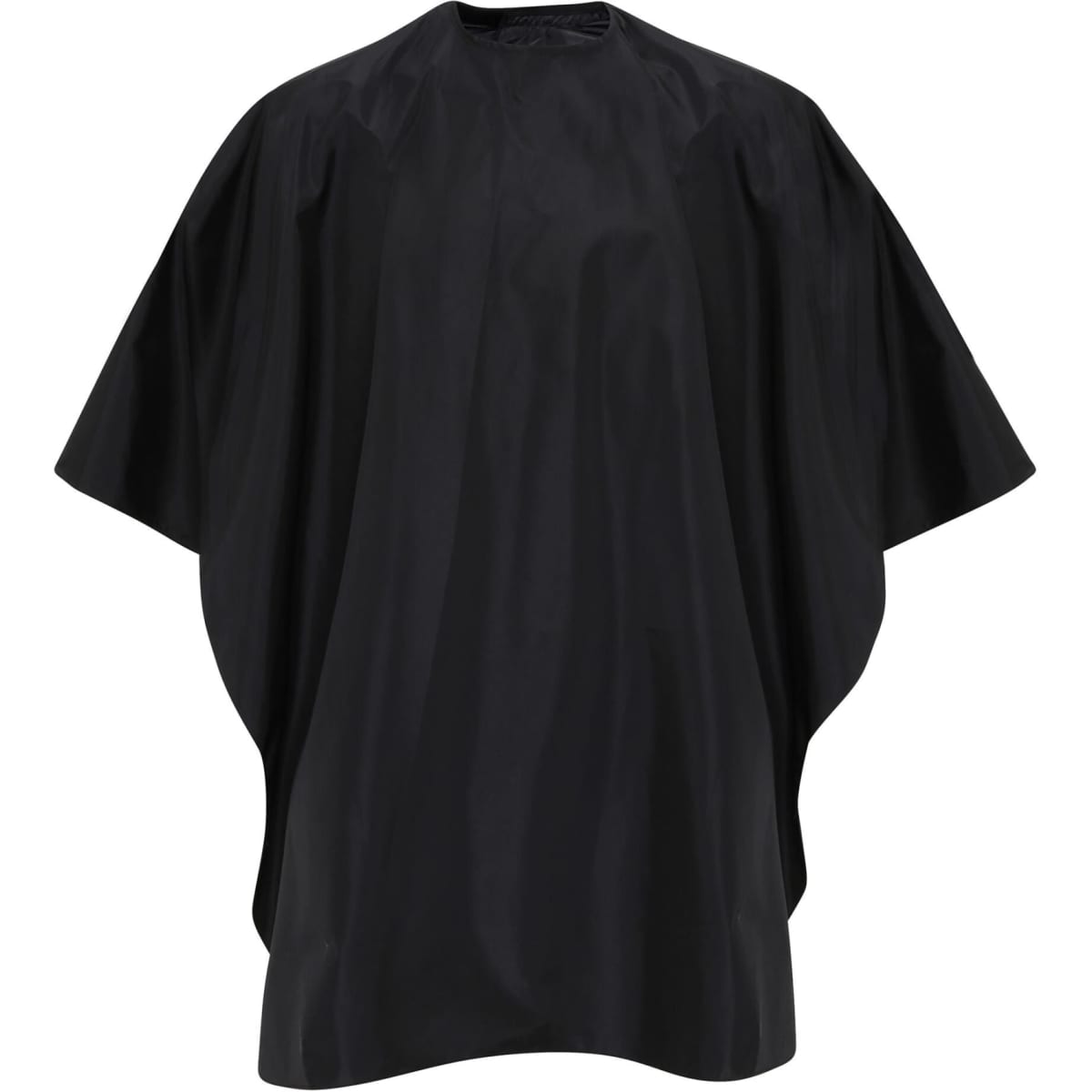A black waterproof salon gown with a loose, flowing design and batwing sleeves. It features a logo on the front.