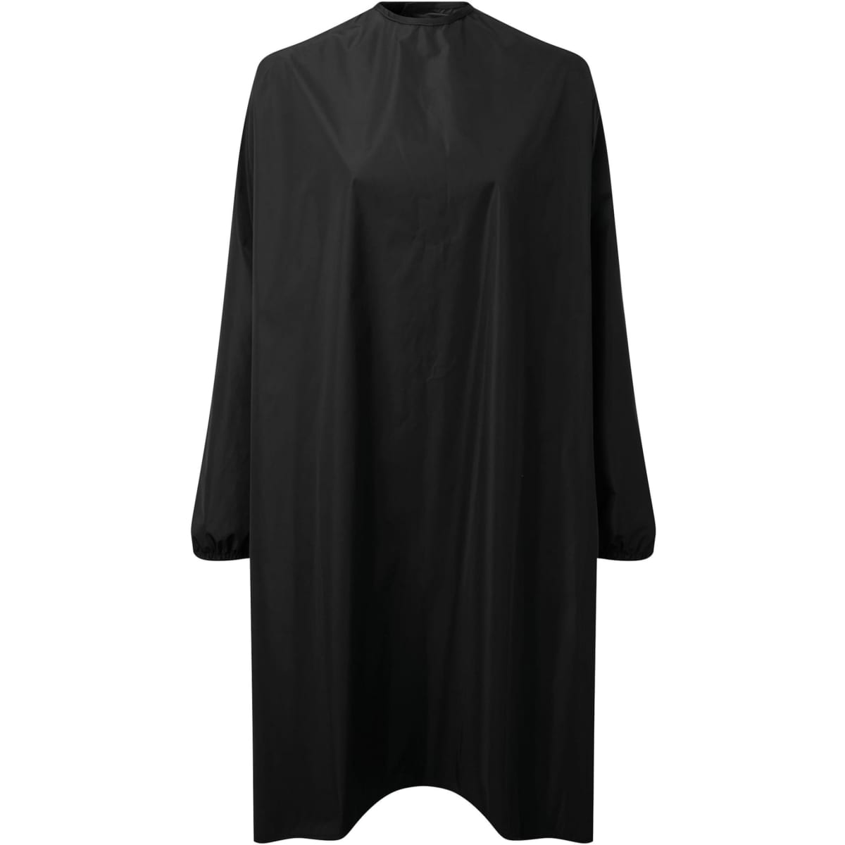 A black waterproof salon gown with long sleeves and a high neckline, featuring a logo.