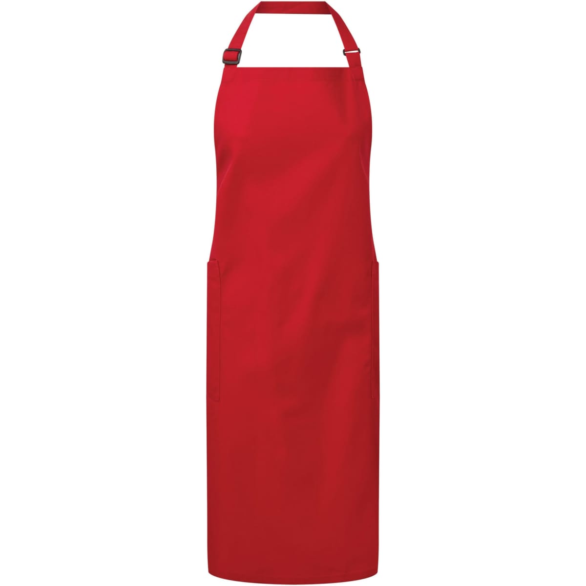A red apron made from recycled polyester and organic cotton, featuring a tie neck and side pockets.