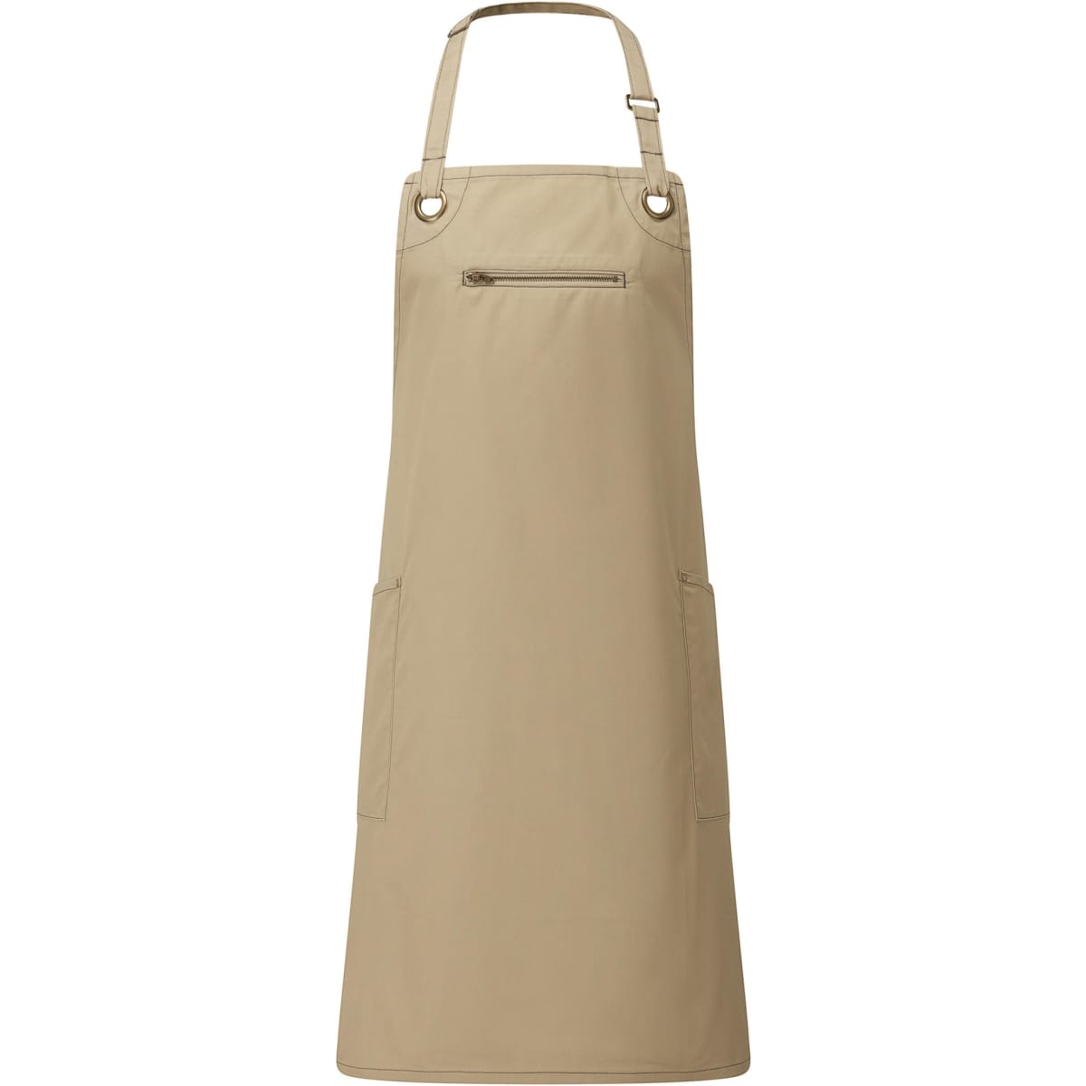 A beige bib apron with contrast stitching, featuring a front zip pocket and side pockets, includes a logo.