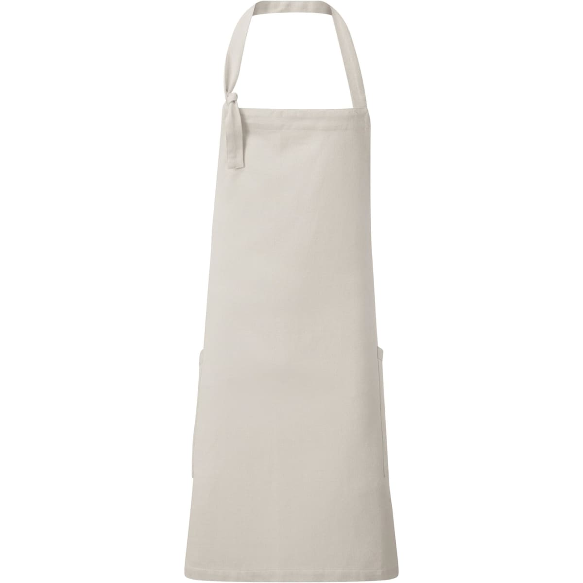 A beige bib apron featuring a neck strap and two front pockets. It also has a logo on the fabric.