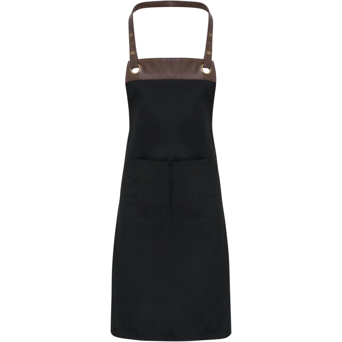 A black bib apron with a brown leather accent at the top and a front pocket, featuring a logo.