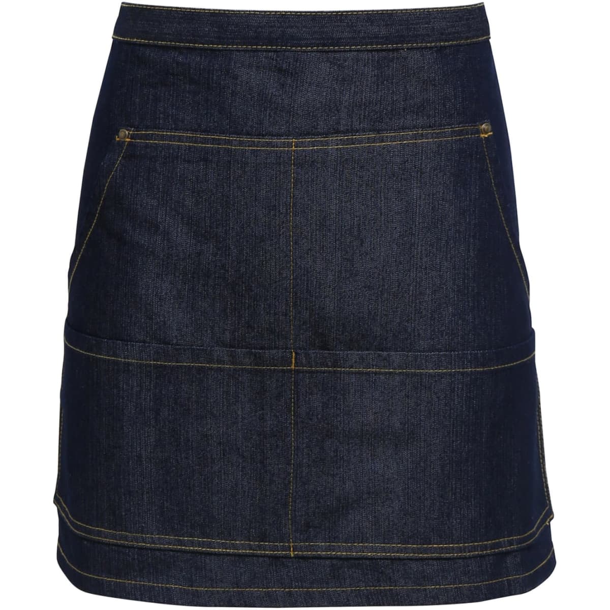 A denim waist apron featuring a dark blue colour and visible stitching details, with two front pockets and a logo.