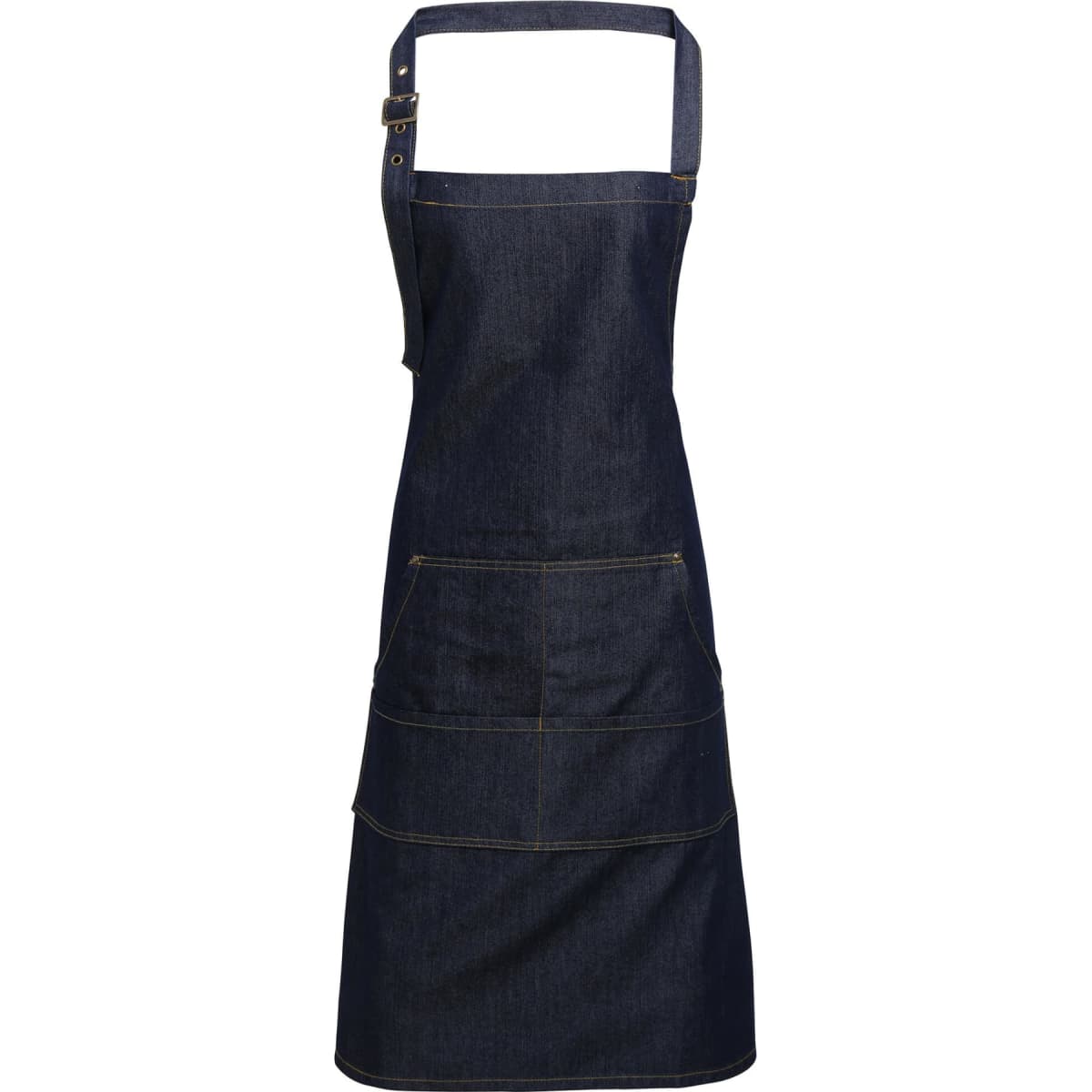 A denim blue apron featuring multiple pockets and a strap, designed for workwear. It includes a branding logo.