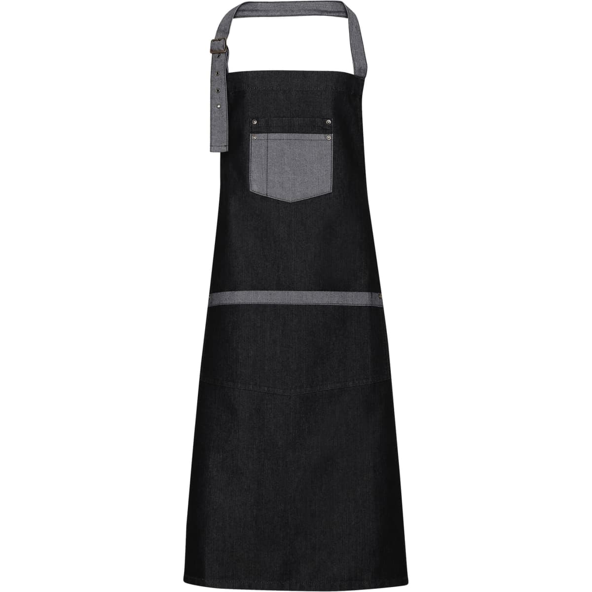 A black denim bib apron with a grey pocket and contrasting stripes, featuring a neck strap.