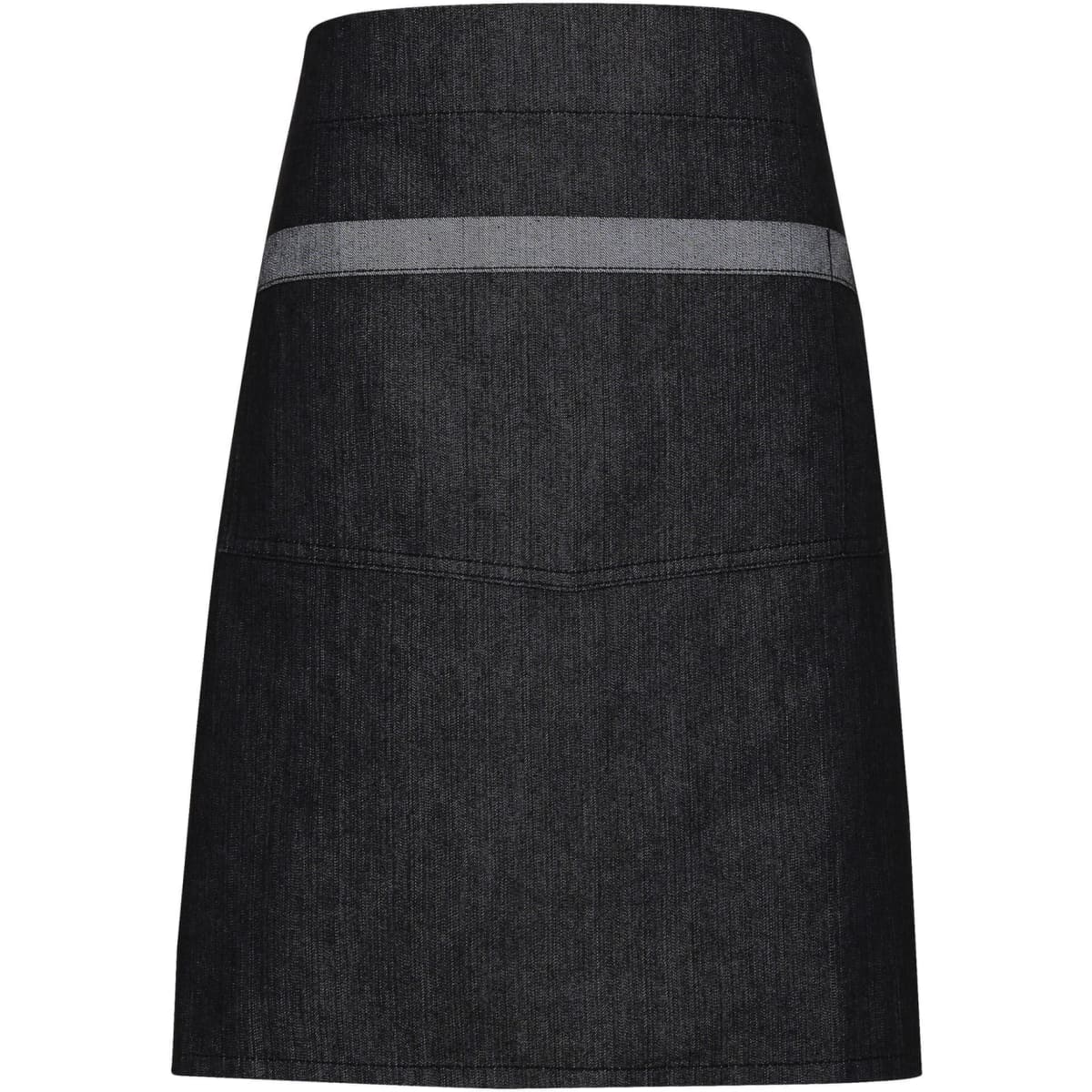 A black denim waist apron with a contrasting grey stripe and a front pocket. It features a branding logo.