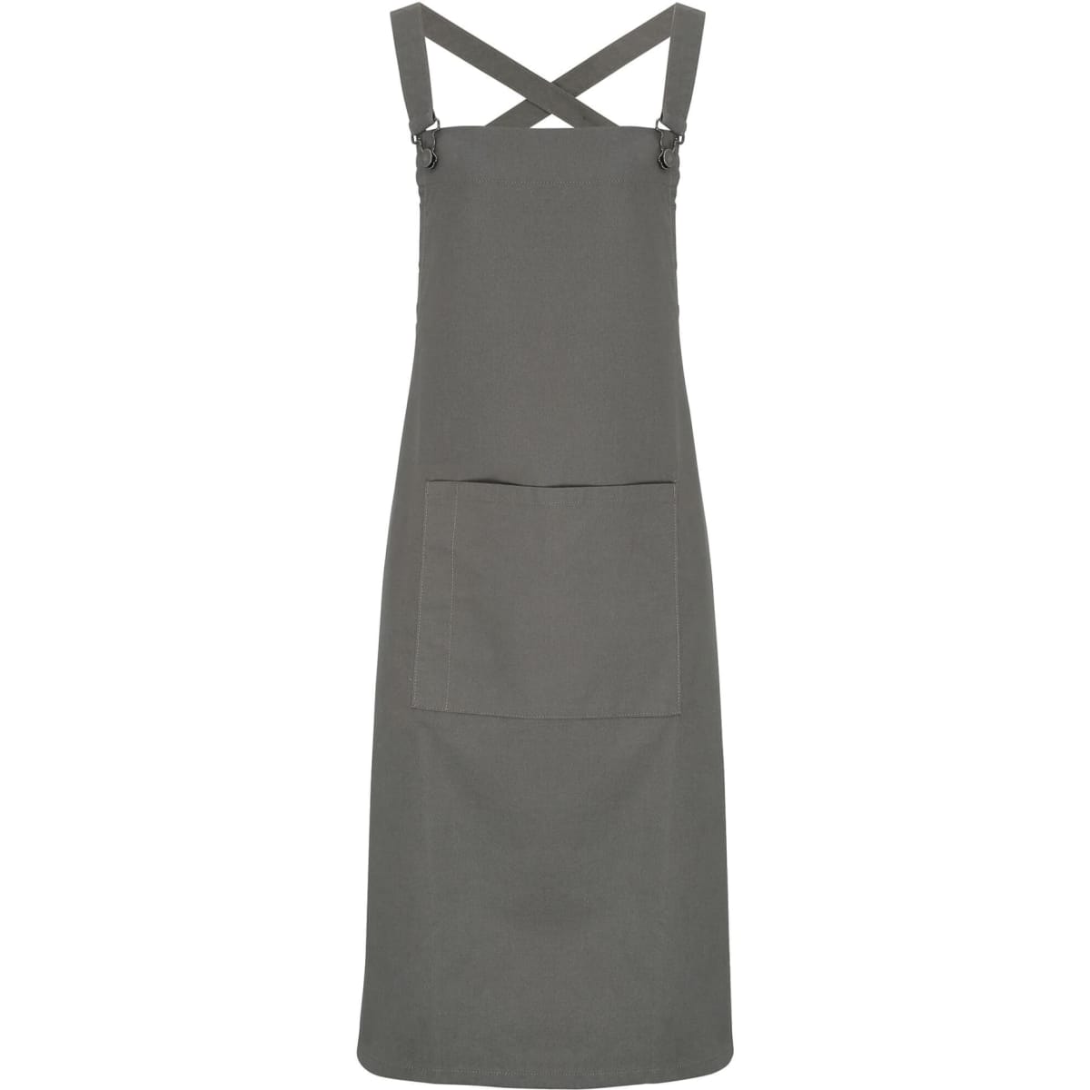 A cross back barista bib apron in a muted grey colour featuring a front pocket and adjustable straps.