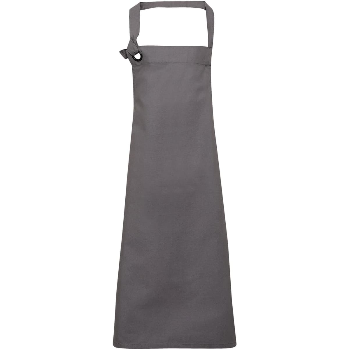 A grey heavy cotton canvas bib apron with a neck strap and an adjustable toggle. It features a logo.