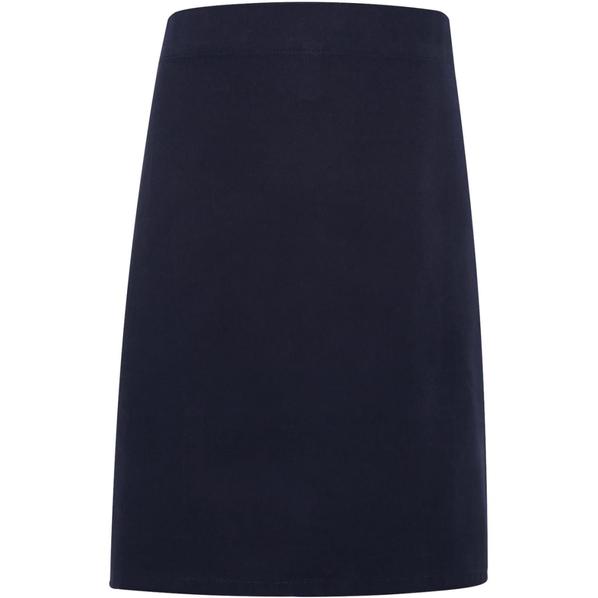 A navy waist apron made of heavy cotton canvas, featuring a simple design and a logo on one side.