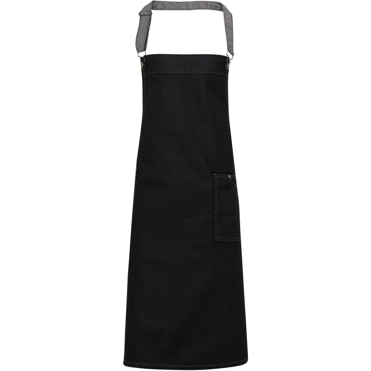 A black wax-look denim bib apron with a grey strap and a front pocket, featuring a logo.