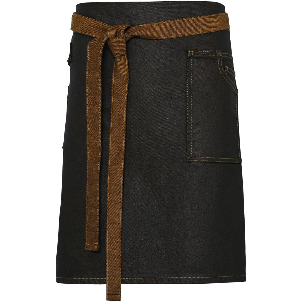 A black denim waist apron with a brown tie belt and pocket, featuring a logo on the side.
