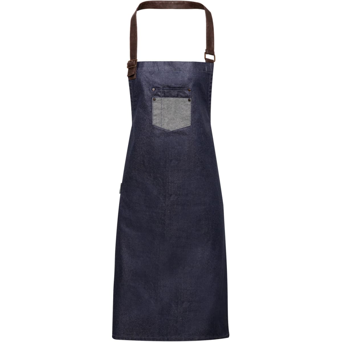 A navy denim bib apron with a brown strap and a pocket. The apron has a simple yet stylish design.